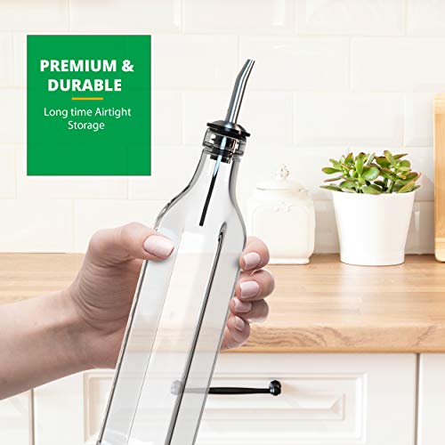 Liam Kitchen Glass Oil Dispenser 17oz Pack 1 - Olive Oil and Vinegar Cruet Clear Bottle Includes 1 Extra Stainless Steel Spout for Easy Pouring - White
