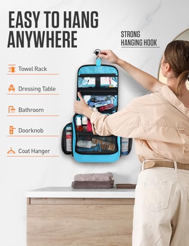 Image of VENTURE 4TH Hanging Travel Toiletry Bag 18 Compartments - Tiffany Blue | Hangs on rails, hooks or doors; stands upright. Removable TSA pouch. Water-resistant Nylon 290D Twill, reinforced stitching.