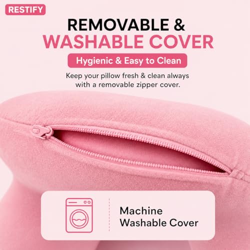 Image of Restify Premium Memory Foam Travel Neck Pillow | Soft Velvet U Shape Neck Support Cushion for Flight, Airplane, Car & Office Travel | Portable Pillow for Men & Women | Pink