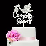 Glitter Silver Coming Soon Cake Topper White Stork Silhouette Cake Topper for Baby Shower Party Decorations, Gender Reveal Party Supplies