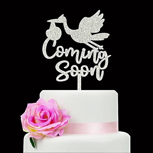 Glitter Silver Coming Soon Cake Topper White Stork Silhouette Cake Topper for Baby Shower Party Decorations, Gender Reveal Party Supplies