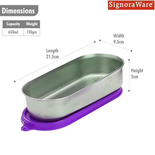 Image of Signoraware Flat Stainless Steel Oval Container | Airtight & Leakproof | Dishwasher safe | Best for School, Office, Picnics & Outdoor Activities | Great for Kids & Adults (650ml | Violet)