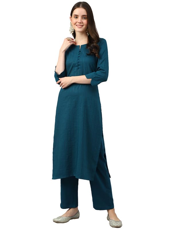 Image of Hritika Women's Cotton Blend Jacquard Woven Kurta with Palazzo Set HRKB0048