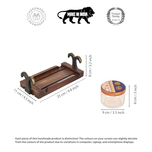 Image of AAKRITI ART CREATIONS Joyful Noshing S02 Wooden Tray with 2 Glass Jars | Dhokra Warli Fusion Art | Multi-Colored Matte Finish | Wood & Glass Kitchen Storage & Decor