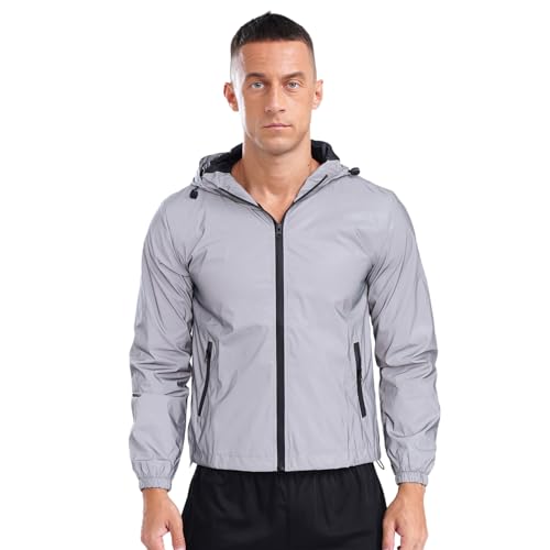 Jugaoge Chaqueta con capucha de manga larga para hombre con bolsillos con cremallera abrigo reflectante chaqueta cortavientos noche senderismo pesca chaqueta, Tipo B., S
