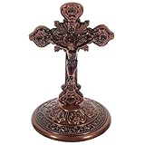 TOKIDNY Jesus Kreuzfigur aus Metall mit Ständer Rustikale Kreuz Dekoration für Schreibtisch und Wohnraum Kompakte Religiöse Metallverzierung in Antikem Rotkupfer