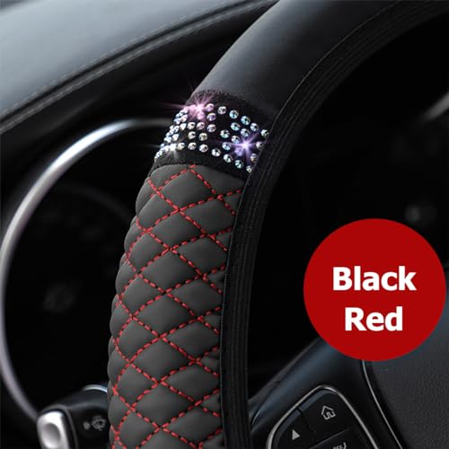 Image of Osilly Bling Car Steering Wheel Cover, 15 Inch Rhinestones Soft Leather Elastic Steering Wheel Protector, Sparkly Crystal Diamond for Women Girls (Black /Red)