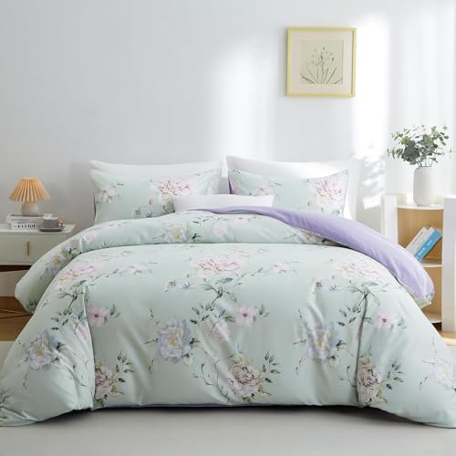 BOLINLIVING Floral Full Comforter Set, Soft Breathable Bed in a Bag King Size 3 Pieces, Green and Purple Floral Bedding Set for All Season, 1 Comforter & 2 Pillowcases