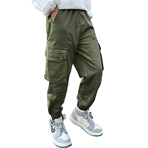 Boys Cargo Pants Cotton Casual Pants Elastic Waist Hiking School Uniform Sweatpants Joggers (Army Green, 10-12) #TOP1