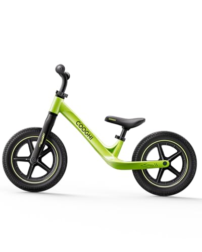 COOGHI S3 Balance Bike, 1-Piece Magnesium Alloy Frame Toddler Bike, Lightweight Sport Training Bicycle with 12” Rubber Foam Tires, Adjustable Handlebar & Seat for Kids Ages 2-6 Years Old（Green）