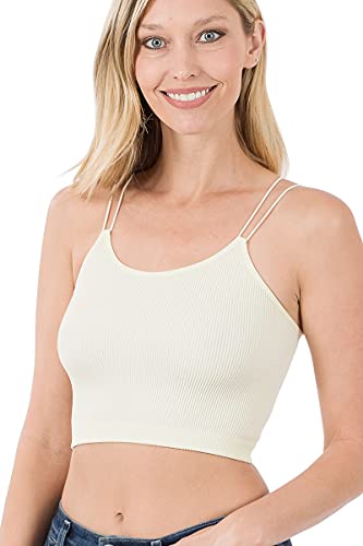 Zenana Ribbed Knit Seamless Spaghetti Strap Cropped Cami & Halter Neck Crop Tank Top (As1, Alpha, L, X_L, Regular, Regular, Double Ivory) #TOP21