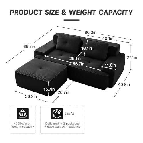 Image of 82 inch L Shaped Modular Boneless Couch with Movable Ottoman, 2 Seat, Soft Corduroy Fabric, Deep Seat Cloud sectional Sofa with Pearl Like Piping and Tufted Design, No Assembly, Anti Slip, Black