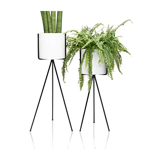 kimisty Set of 2 Modern White Planter with Metal Plant Stand, 7 Inch Large Pot with Black Mid Century Stands, Flower Pot Decor for Orchid, Aloe, Big Cactus, 18 and 24 Inch Tall, Indoor Decoration