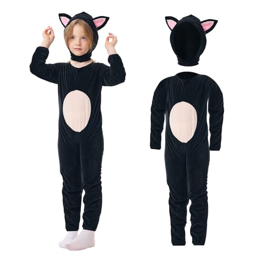 Joyincoser Disfraz de gato para niños, mono de gato negro, pijama con orejas de gato, mono para niños, para Halloween, cosplay, carnaval, 150 cm