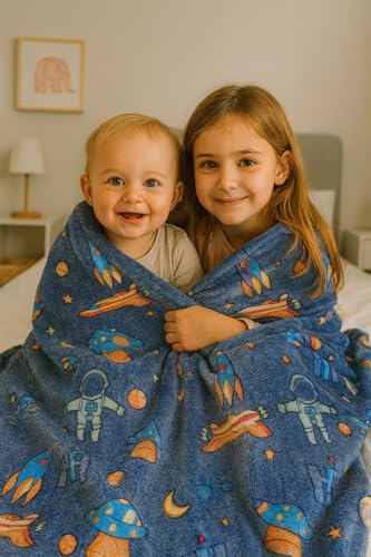 Image of Ultra-Soft Space Themed Baby Blanket for Kids - Plush Grey-Blue Fleece with Rockets, Astronauts & Planets - Cozy Nursery Bedding & Stroller Wrap (Rocket Grey)