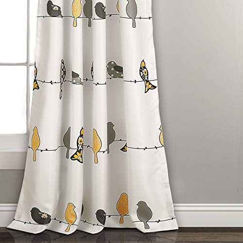 Lush Decor Rowley Birds Curtains Room Darkening Window Panel Set For Living, Dining, Bedroom (Pair), 52"W X 84"L, Yellow & Gray #TOP3