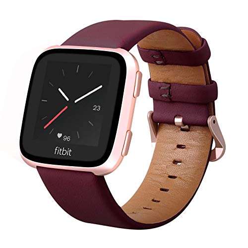 Surace Compatible for Fitbit Versa Bands, Leather Band Replacement Strap Compatible with Fitbit Versa 2 Bands Versa Lite Bands Smart Watch, Wine Red