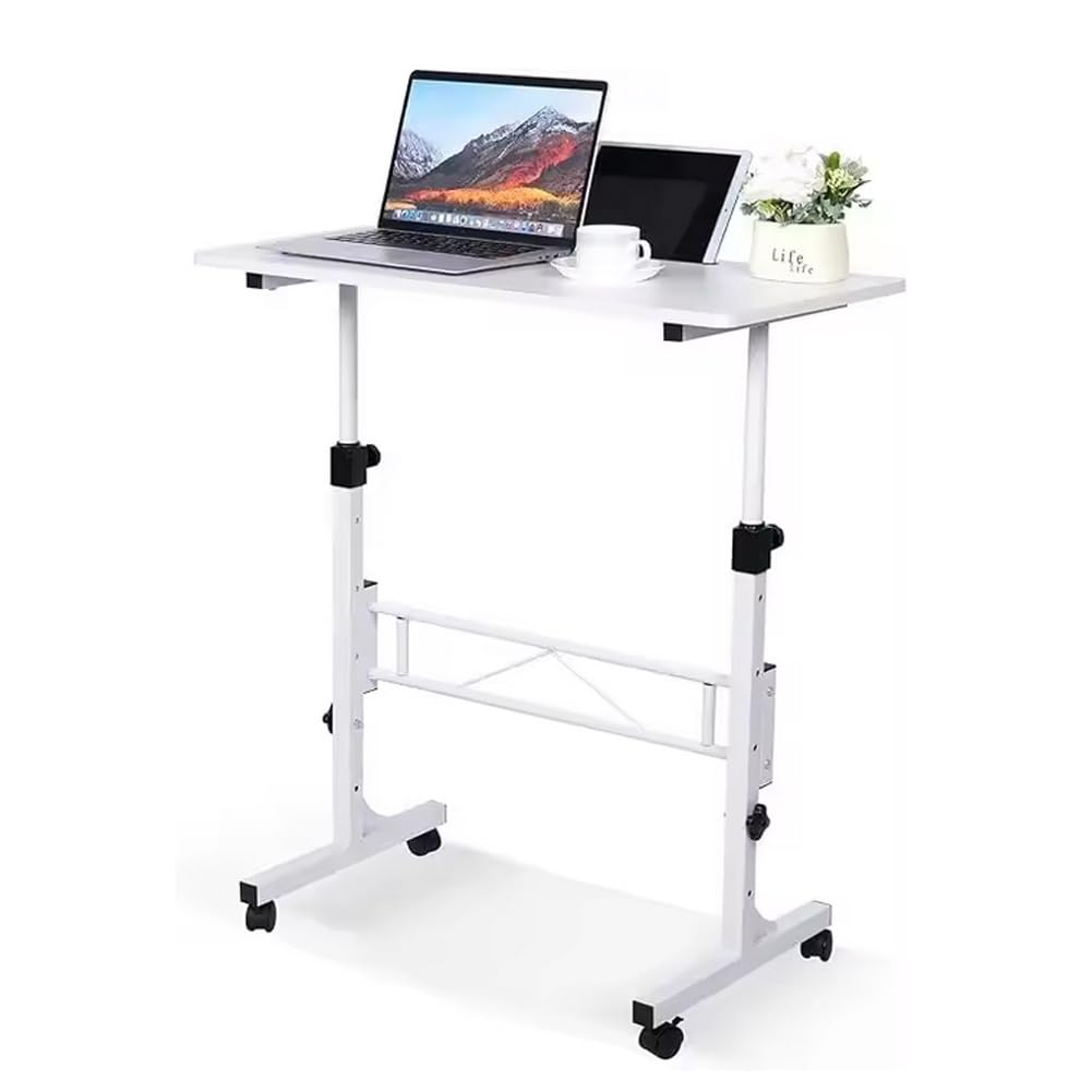 Bureau réglable en hauteur avec plateau blanc, table de lit sur roulettes, table d'ordinateur portable peu encombrante pour salon, chambre à coucher, bureau, lit, canapé, 80 x 40 x 70 ~ 100