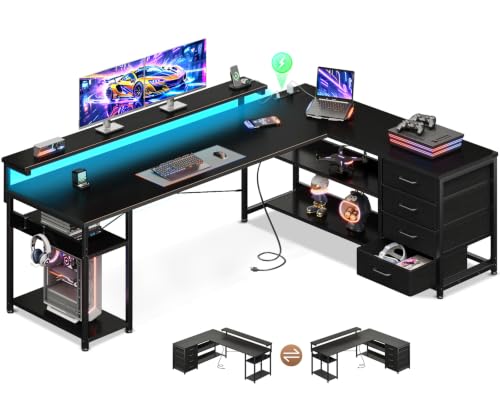 Image of AODK 69 inch L Shaped Computer Desk with 4 Drawers, LED Lights, Black