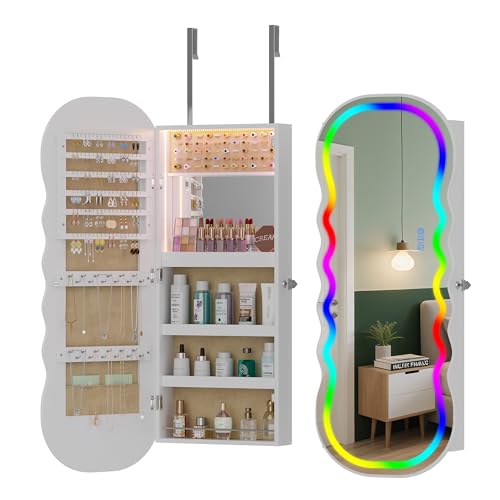 HNEBC LED Mirror Jewelry Cabinet with RGB Lights,42.5" Wall Mounted Jewelry Organizer with Full-Length Mirror,Over The Door Hanging Jewelry Armoire Storage Cabinet,Lockable,Wide Wavy Mirror