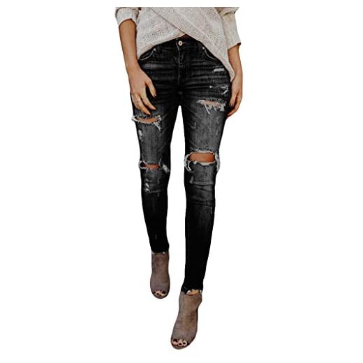 Chejarity Slitna jeans dam hög midja hål jeans stretch tubjeans kvinnor skinny denim jeans slim fit pennbyxor streetwear boyfriend jeans, svart, L