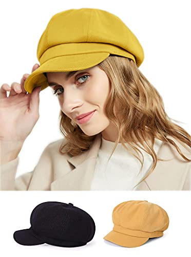 Tophope 8 Panels Newsboy Caps For Women Cotton Wool Blended Cabbie Hat Gatsby Ivy Beret With Visor (Black+Lemon) #TOP21