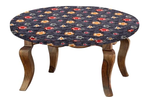 Image of The Furnishing Tree Round Elastic Fitted Center Tpoy Table Cover WxL 28x28 Inches Floral Pattern Grey