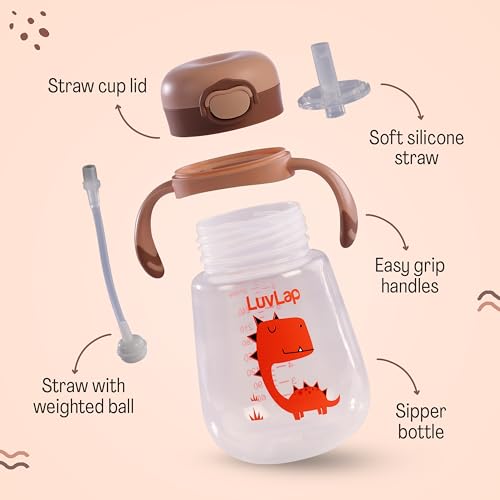 Image of LuvLap Kids Bite Resistant Soft Silicone Straw Sipper Cup with Handle, with Weighted Straw, Sippy Cup with Anti Spill Lock, BPA Free,1 Year +, 300 ml, Brown (Pack of 5)