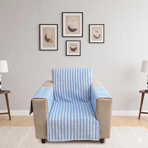 Image of Homerz Premium 1 Seater Quilted Reversible Sofa Cover Mat with Pocket Arms | Polyester Blend 350 GSM Full Coverage & Back Belt for Stability (Azurea, 1 Seater)
