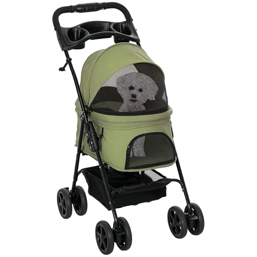 PawHut Hundewagen Hundebuggy klappbar für Hunde & Katzen bis 4 kg Katzenbuggy mit Netzfenster Aufbewahrungskorb Becherhalter Mesh Fenster Katzenwagen Buggy Dunkelgrün