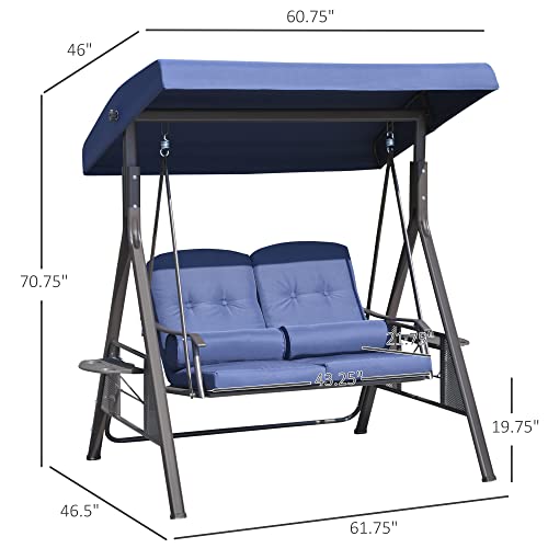 Image of Outsunny 2-Person Patio Swing Bench with Adjustable Shade Canopy, Soft Cushions, Throw Pillows and Tray, Dark Blue