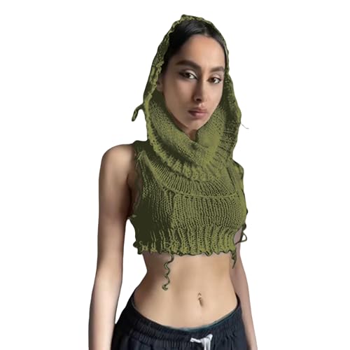 Image of Women's Knitted Hoodie Sweater Vest Sexy Sleeveless Hollow Out Hooded Crop Top Draped Sweatshirt Streetwear