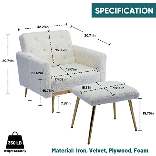 Joybase Adjustable Accent Chair With Ottoman, Lounge Chair And Ottoman, Convertible Recliner Chaise Lounge, Mid Century Modern Armchair, Sofa Chair For Living Room Bedroom (White Teddy Velvet) #TOP5