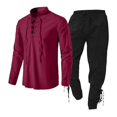 Uwdiohq Ensemble de Vêtements Médiévaux pour Hommes - Chemise en Lin, Pantalon et Sweat Capuche de Travail (10 Pièces)