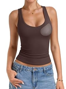 PINKMSTYLE Womens Tank Tops Fitted Double Lined with Built in Bras Sleeveless Top Trendy Concert Outfits 2026 Coffee