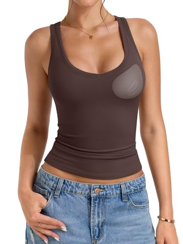 PINKMSTYLE Womens Tank Tops Fitted Double Lined with Built in Bras Sleeveless Top Trendy Concert Outfits 2026 Coffee