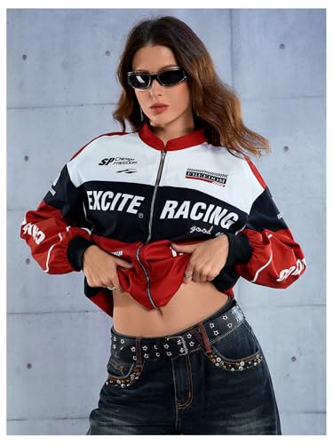 SOLY HUX Women's Bomber Jacket Long Sleeve Zip Up Racing Jackets Color Block Y2k Outerwear Vintage Streetwear3