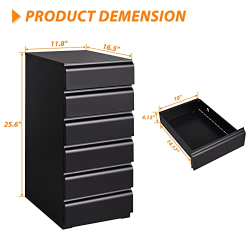 Anxxsu 6 Drawer Metal Chest, 14.17" Deep Small Metal Storage Cabinet With Metal Sliding Rail, Under Desk Metal Handleless Drawer Cabinet, Easy Assembly Without Screws Suitable For Home Office (Black) #TOP2