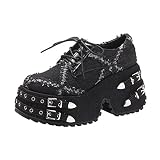 pearlzone Women Denim Motorcycle Lace Up Goth Punk Boots,Lady Fashion Buckle Short Ankle Combat Plat