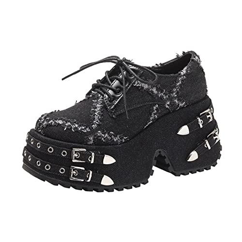 Pearlzone Women Denim Motorcycle Lace Up Goth Punk Boots,Lady Fashion Buckle Short Ankle Combat Platform Boots，Low Heel Riding Ankle Boots Shoes (Black,7.5) #TOP5