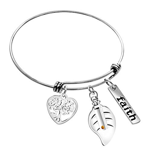 Image of Uloveido Mustard Seed Faith Tree Bangle Bracelet, Stainless Steel, with Glass Charm Bottle Case Y757