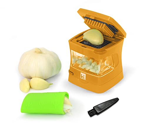 Kitchen Innovations Garlic-A-Peel Garlic Press, Crusher, Cutter, Mincer, and Storage Container - Includes Silicone Garlic Peeler - Easy to Clean - Stainless Steel Blades – (Honey), standard