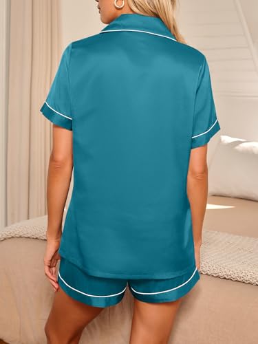 Image of LILLUSORY Silk Satin Pajama Set for Women 2 Piece Lounge Pjs Winter Matching Summer Sleepwear Button Down Shirt Shorts