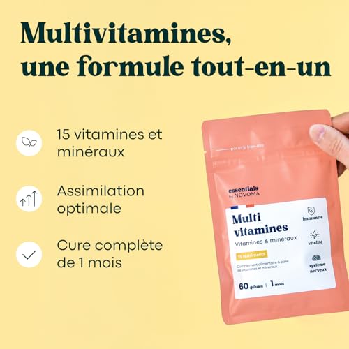 Multivitamines et Minéraux, 15 Nutriments Essentiels, Vitamines A B C D E + Magnésium & Zinc, Immunité & Énergie, 60 gélules Vegan, Cure de 1 mois, Fabriqué en France, Essentials by Novoma – Image 4