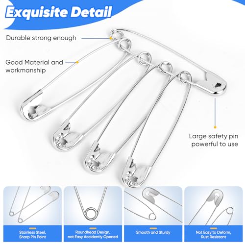 Image of Huhuhero 200Pcs Safety Pins for Clothes, 2.2 inches Large Heavy Duty Safety Pins, Rust-Resistant Nickel Plated Steel Big Pin for Sewing Clothing, Art & Craft Supplies