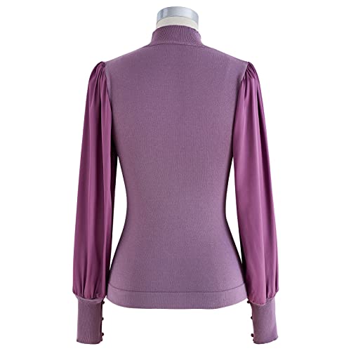 Image of CHICWISH Women's Mock Neck Satin Spliced Bubble Sleeves Knit Top