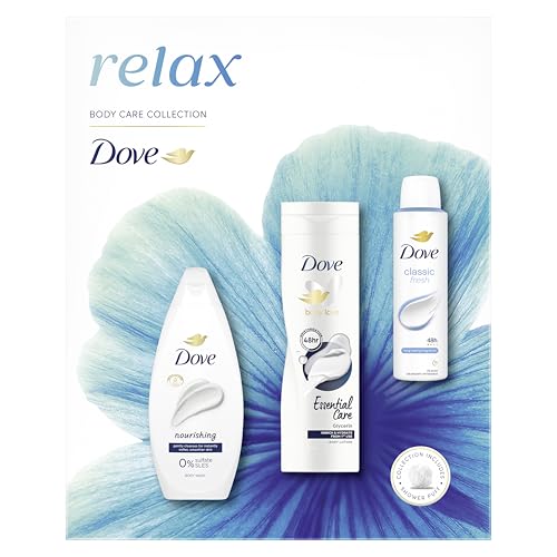 Dove Relax Trio Gift Set with a body wash, a body lotion, an anti-perspirant and a Shower Puff perfect gifts for her 3 piece