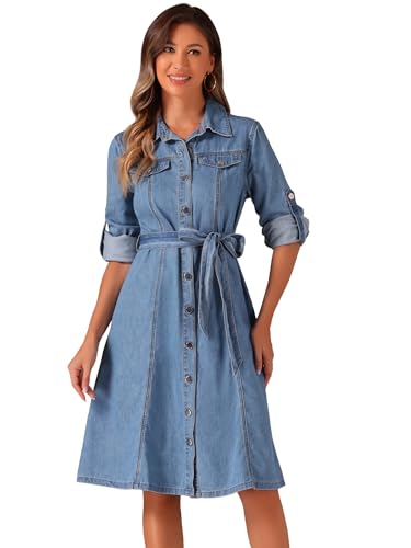 Image of Allegra K Denim Dress for Women's Long Sleeve Button Down A-Line Belted Classic Jean Dresses