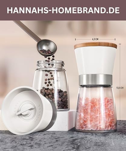 Hannah's Homebrand - Młynek do soli i pieprzu z ceramicznym mechanizmem mielącym  wytrzymały młynek do soli do grubej soli  bez zawartości (2 szt.)