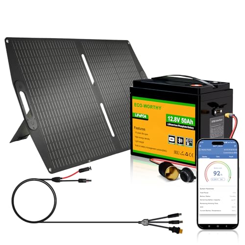 ECO-Worthy 12V 50Ah LiFePO4 Lithium Battery with 100W Portable Solar Panel, Bluetooth 5.0, Low Temp Protection, Connects to Car Power Inverter for RV Road Trip Camping Hiking Marine Off Grid Travel